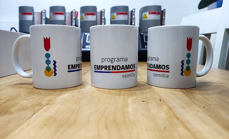 Tres tazones blancos del programa Emprendamos Semilla, con las prensas del taller al fondo